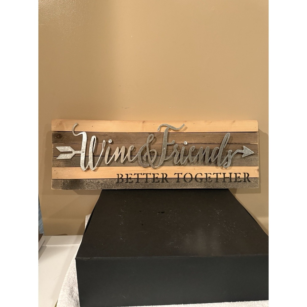 Sweet Bird & Co. Wine & Friends Rustic Wood Metal Wall Hanging Sign 24x8"